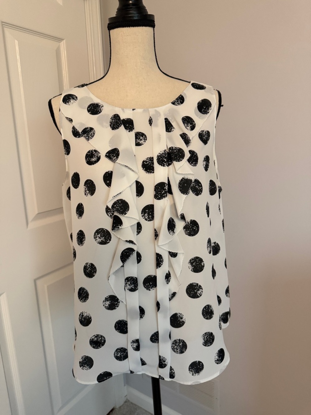 Elle Black and White Polka Dot Ruffle Sleeveless Top